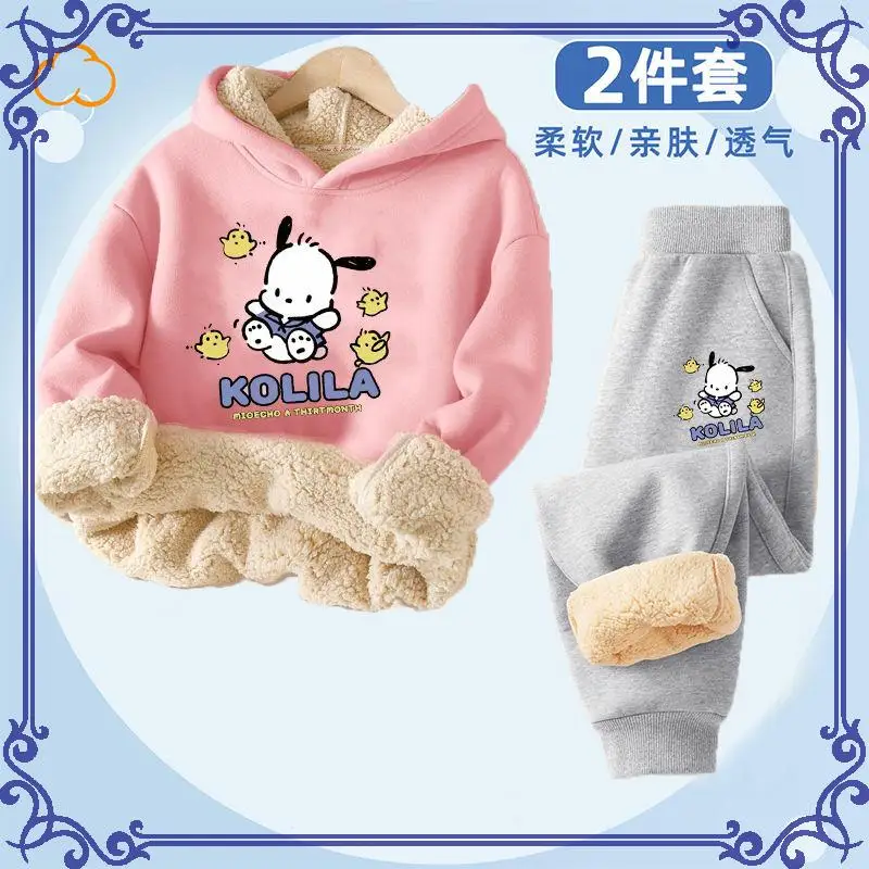 حار سانريو فتاة Scasualweatsuit Pochacco Kawaii أنيمي الشتاء طالب Keepwarm 2 قطعة مجموعة مريحة سماعة ملابس الأطفال جديد #1
