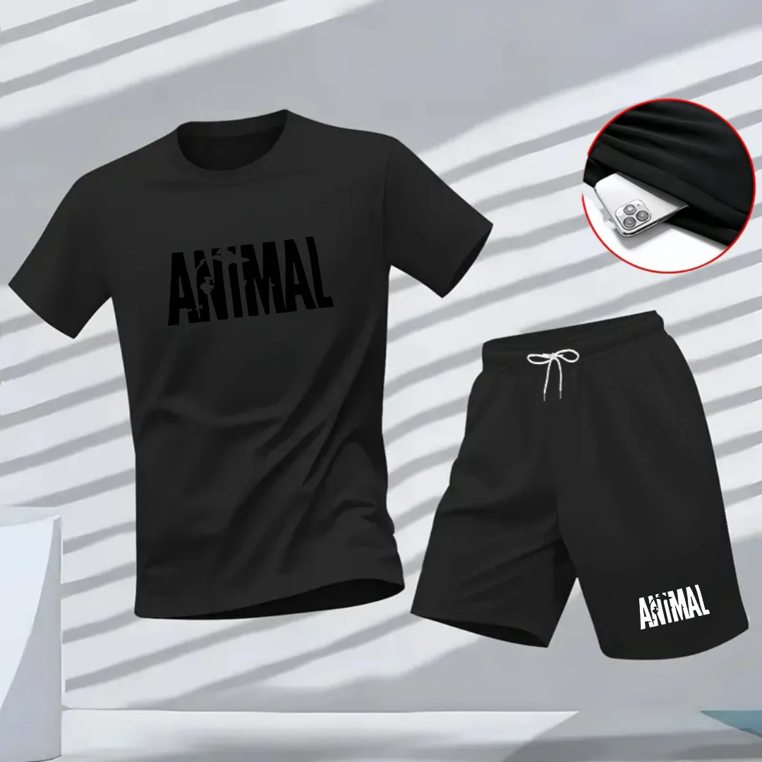 New summer fitness sportswear for men, short-sleeved T-shirt and shorts two-piece set, breathable and quick-drying casual wear.