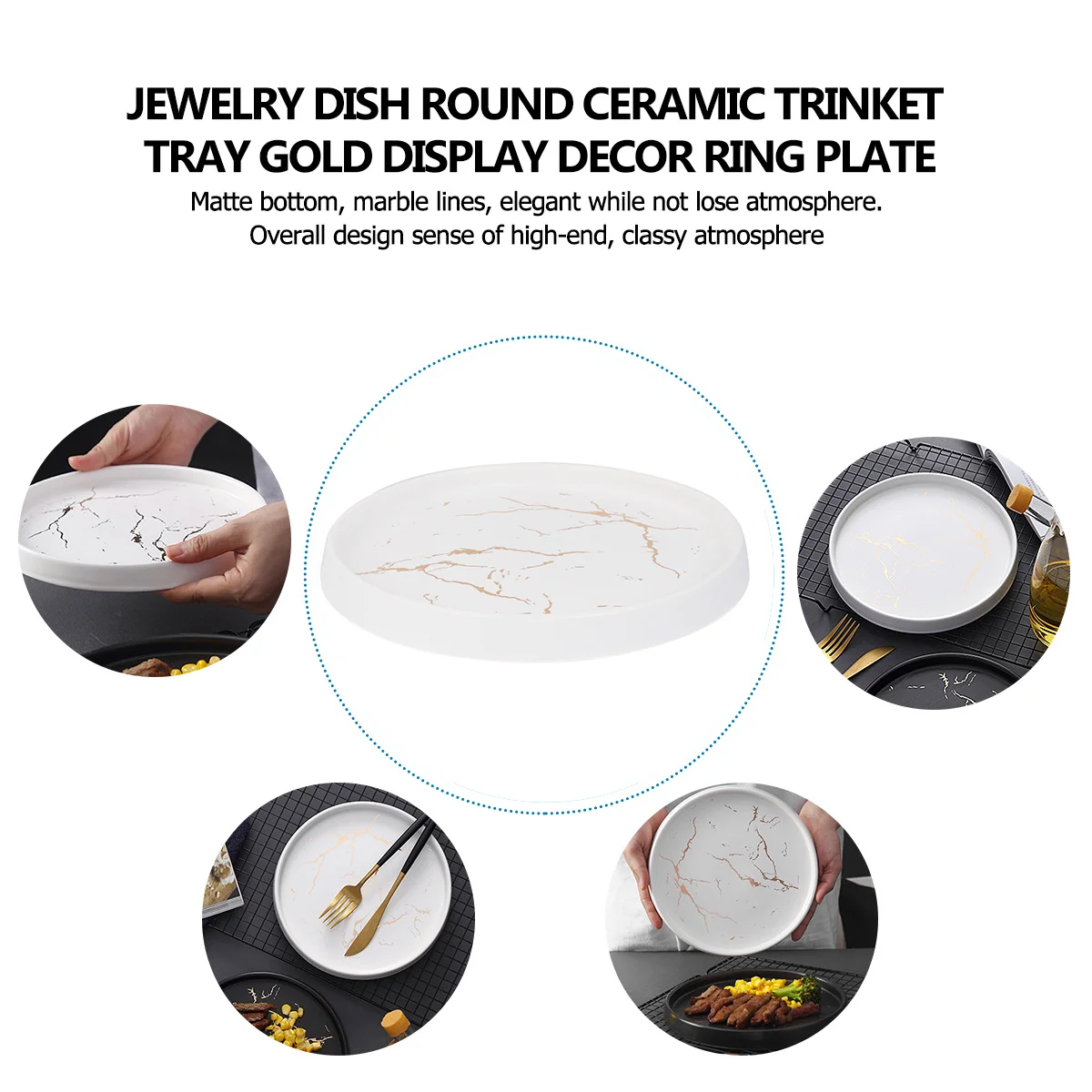 1Pcs Marble Jewelry Dish Round Ceramic Tray Gold Ring Holder Elegant Decorative Plate for Nightstands Dressers Bathroom