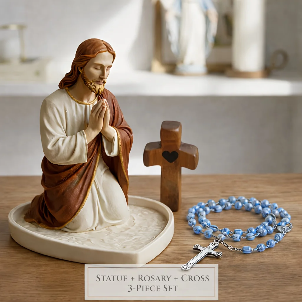 Jesus Virgin Mary Praying Statue Holder Heart Shaped Tray for Rosary Beads for Catholic Home Altar Prayer Corner  Religious Gift view 3