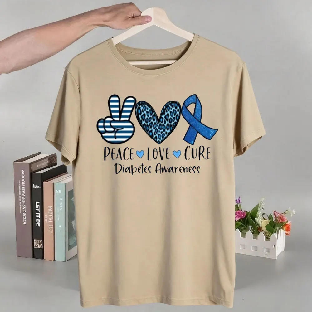 مرض السكري الوعي قميص مرض السكري قميص السلام الحب علاج القمم للجنسين النساء الرجال المحملة تي شيرت مطبوع قصيرة الأكمام النساء الملابس