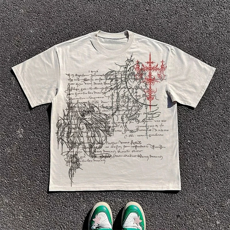 

Gothic Fashion Artistic Patterns Printing White Oversized Loose Short Sleeve T-shirt Y2K Casual Men Women Trend Cool Streetwear