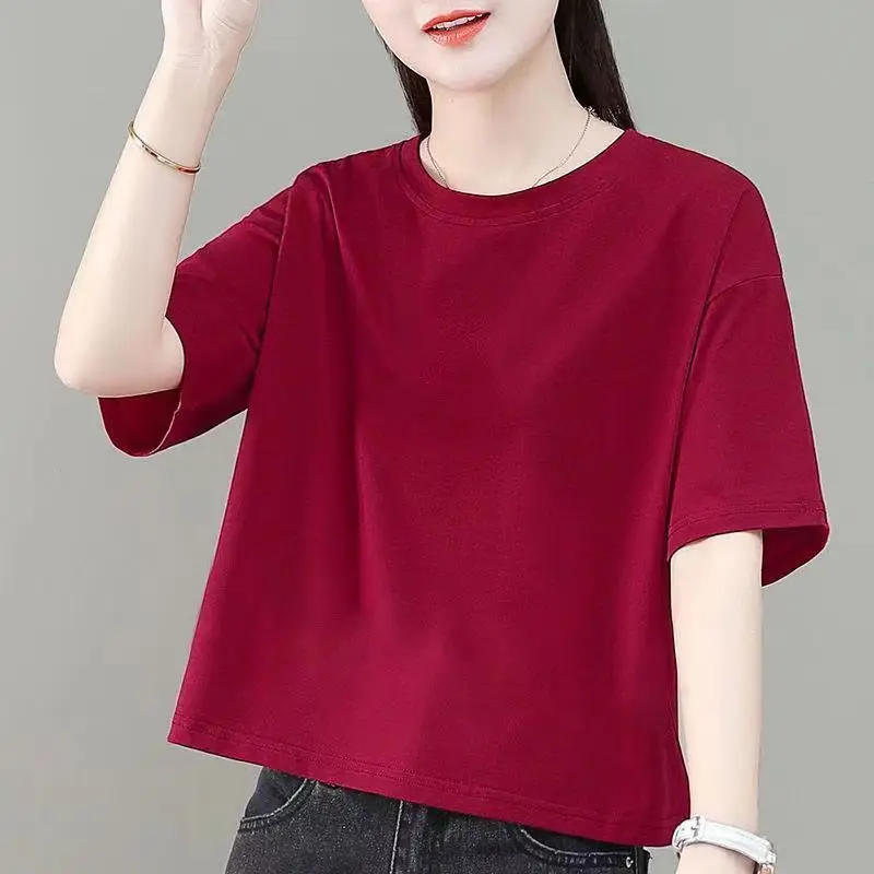 Simplicity Thin Summer Loose Solid Color T-Shirts Round Neck Pure Cotton Women's Clothing Casual Straight Pullovers Comfortable