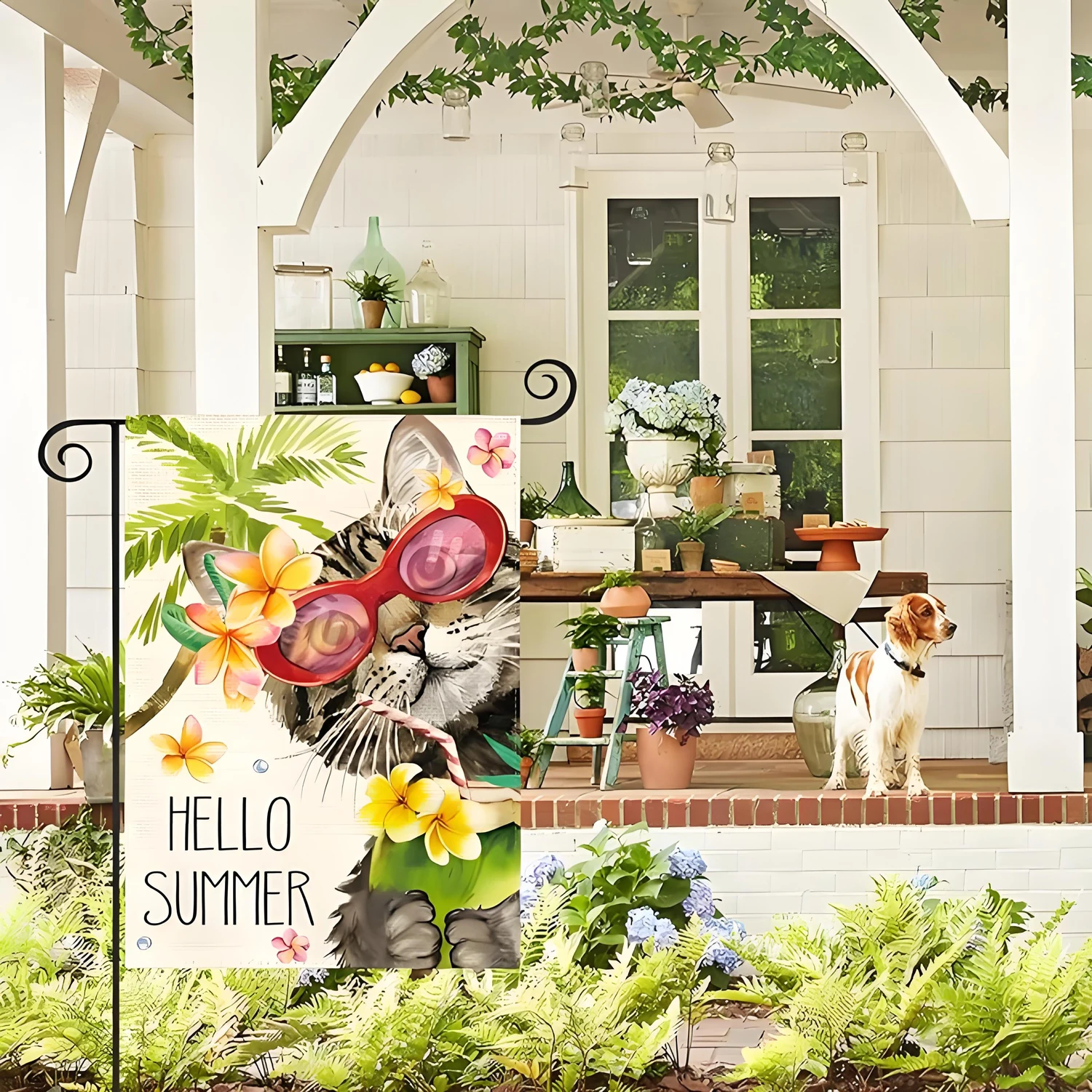 Summer Flowers Cat Dog Bee Garden Flag Party Holiday Yard Outdoor Decoration Outdoor party scene layout