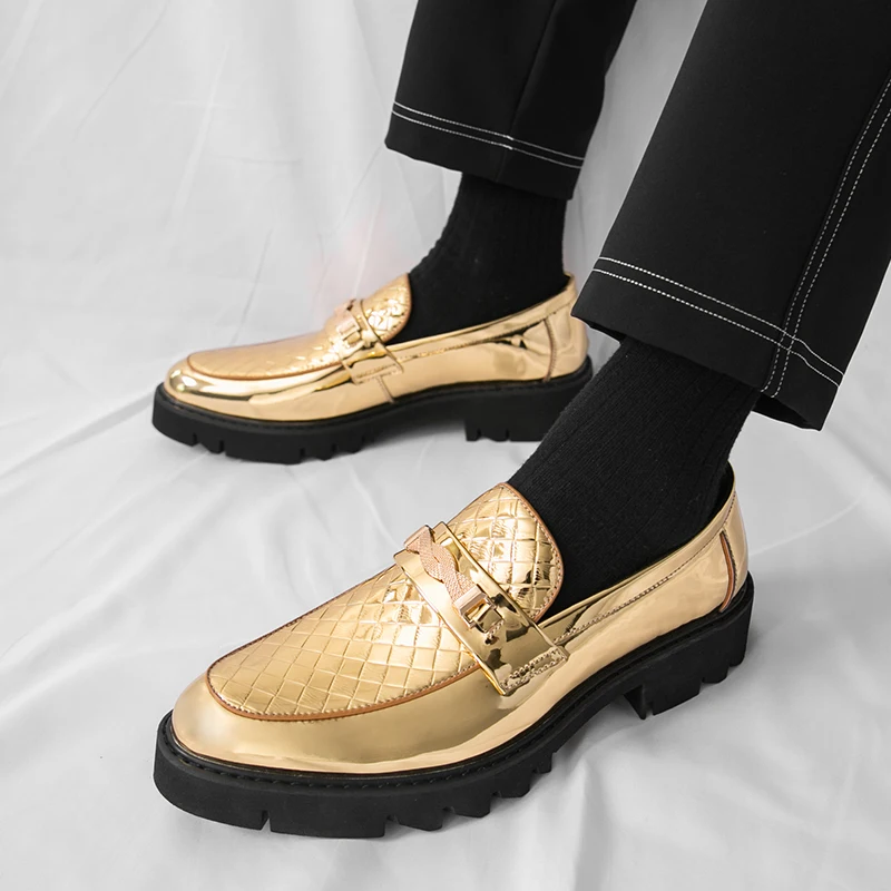Autumn New Men's Business Formal Party Gold Silver Shoes 2025 Fashion Brand Men's Comfortable Thick Soled Pointed Loafers
