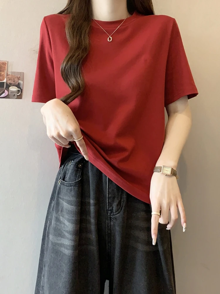 Red Short Sleeve T-Shirt Women Summer plus Size Conceal Meat Slimming Hide Belly Casual Base Top Simple Stylish Commute Style
