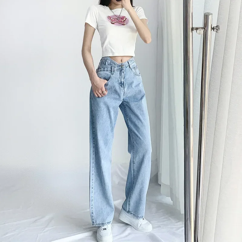 Jeans Wanita Silang Kaki Lebar Pinggang Tinggi Pop Musim Panas Diskon Besar Musim Ini Celana Pelangsing Panjang Lantai Lurus Longgar Kasual Fa