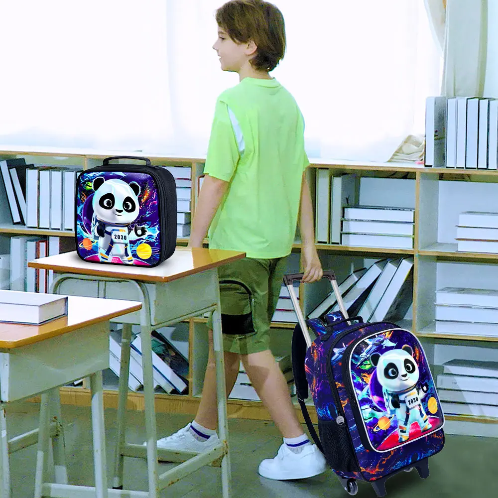 Sac à dos panda roulant pour garçons, sac à livres d'école à roulettes pour enfants avec sac à déjeuner, sac d'école à roulettes pour enfants
