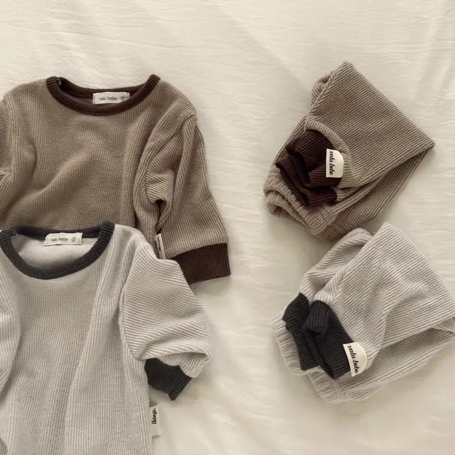 Autumn Winter Children Solid Thicken Long Sleeve Tshirt Suit Boy Baby Cotton Casual Tops+Pants 2pcs Girl Infant Fashion Tees Set