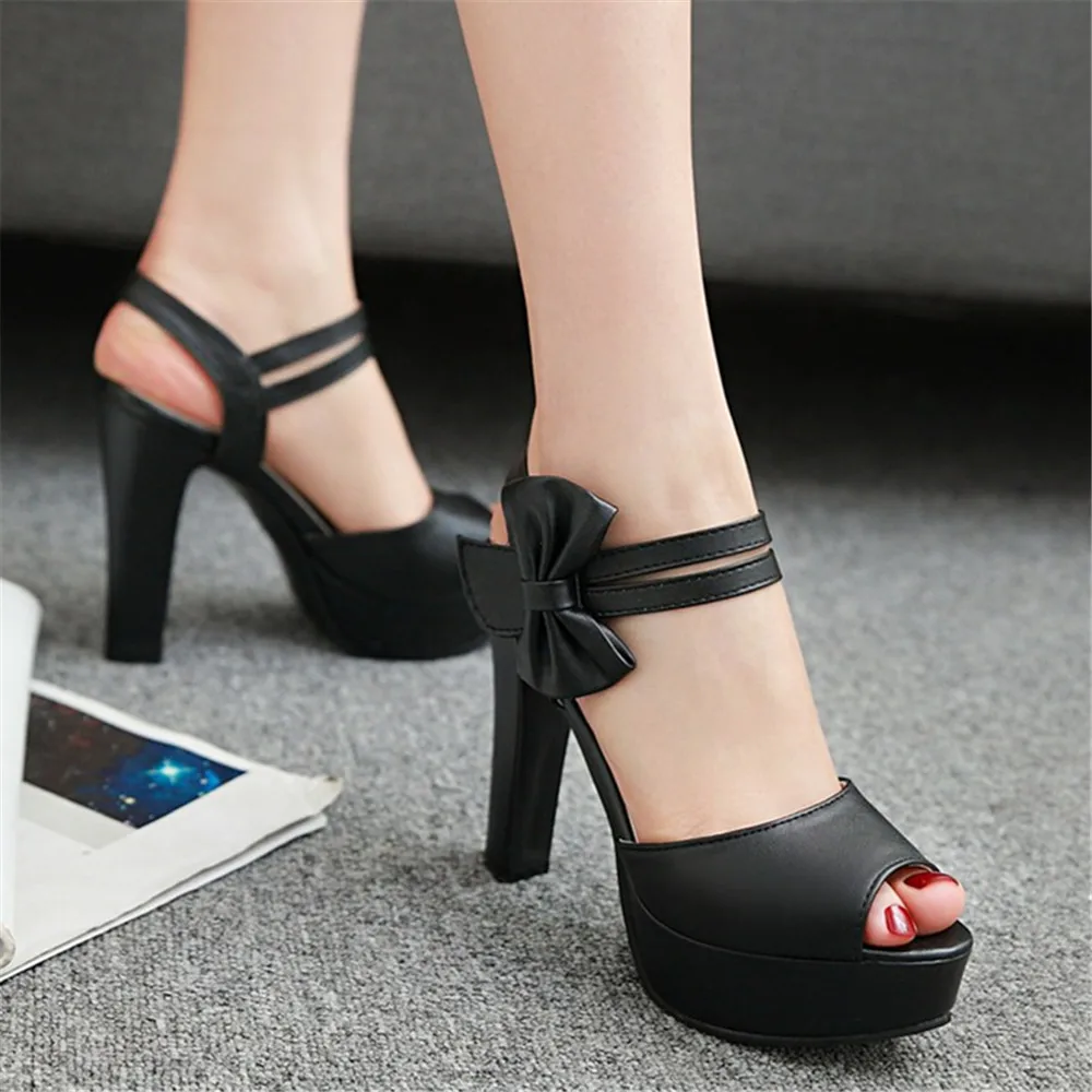 Sweet Bowtie Women Platform Sandals High Heel Peep Toe Pink Black PU Casual Office Lady Ankle Strap Party Dress Shoes Sandalias