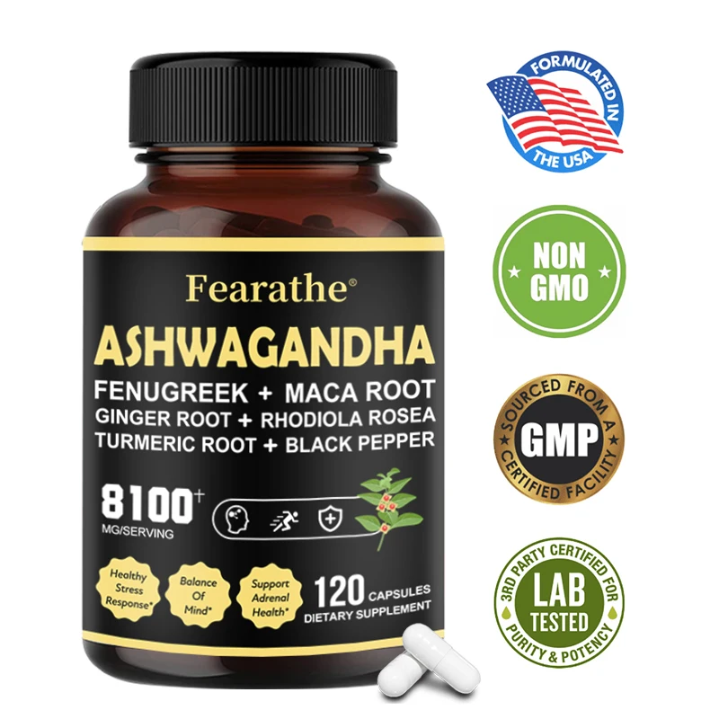 Ashwagandha Herbal Supplement 8100 Mg, 120 Capsules - Vegetarian, Non-GMO, Gluten-Free, Black Pepper, Natural Plant Complex