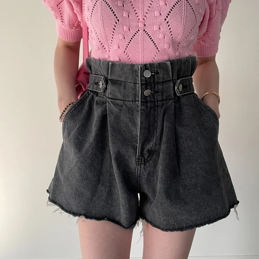 Retro High Waist Two Button Side Buckle Wide Leg Loose Slimming Jeans Shorts High Waist Short Pants Summer Women's Fashion