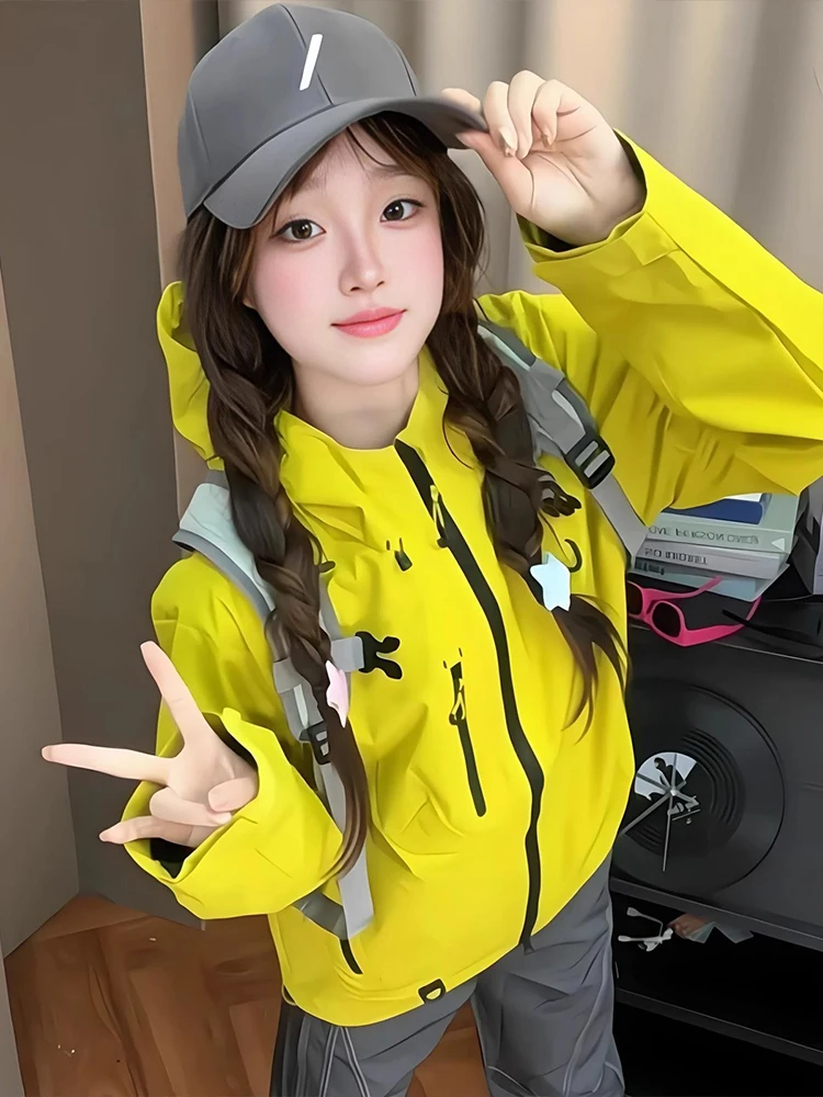 

Женская уличная куртка-ветровка лимонно-желтого цвета с капюшоном, ветрозащитная, водонепроницаемая, для альпинизма, из полиэстера, нейлона и композитного волокна