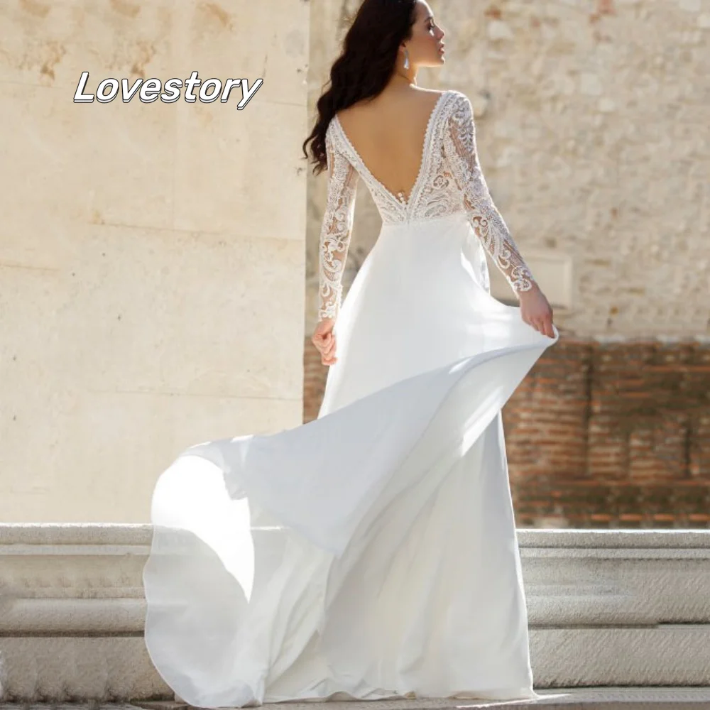 

Customized Elegant V Neck Wedding Dresses Lace Long Sleeve Backless Bridal Dress Sheath Sweep Train Gowns New Vestido De Novia