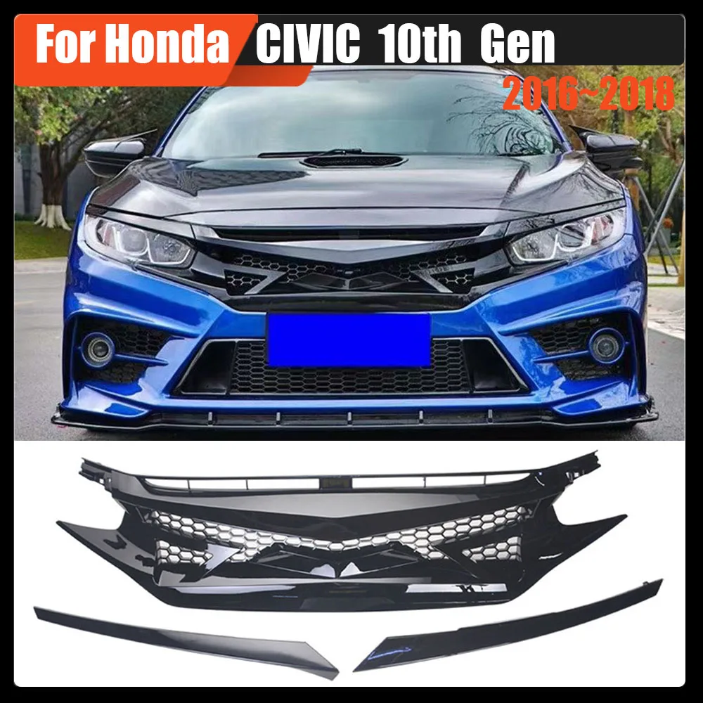 

Car Racing Grill Grills Upper Bumper Grille ABS Glossy Black Demon Style With 2 Eyebrows For Honda CIVIC 10th Gen 2016~2018