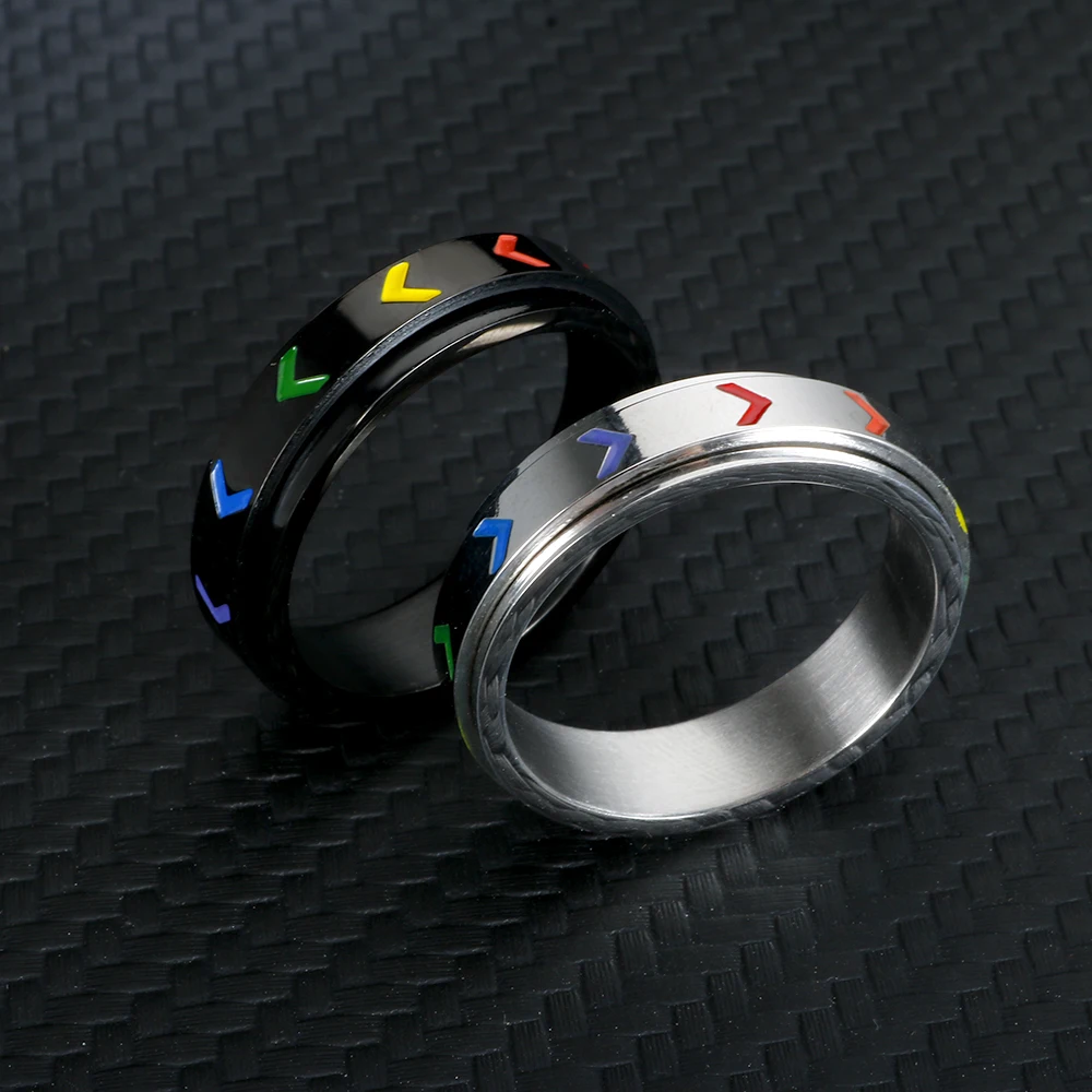 Stainless Steel 6mm Width Arrow Rotatable Rainbow Ring for Men Boy Punk Spinner Anti Stress Ring Jewelry Gift