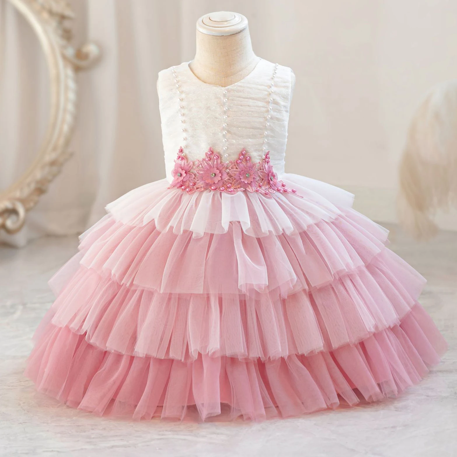 Michella Fashion Toddler Baby Little Girls Beaded Layered Ruffled Cupcake Tutu Dress Birthday Party Formal Pageant Dress AX173