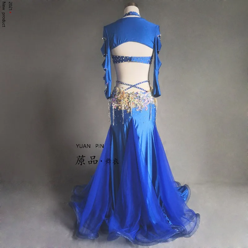 Customized Belly Dancewear Rhinestone Accessories Group Stage Suit Performance Costume Belly Dancing Bra Tassel Split Skirt Set
