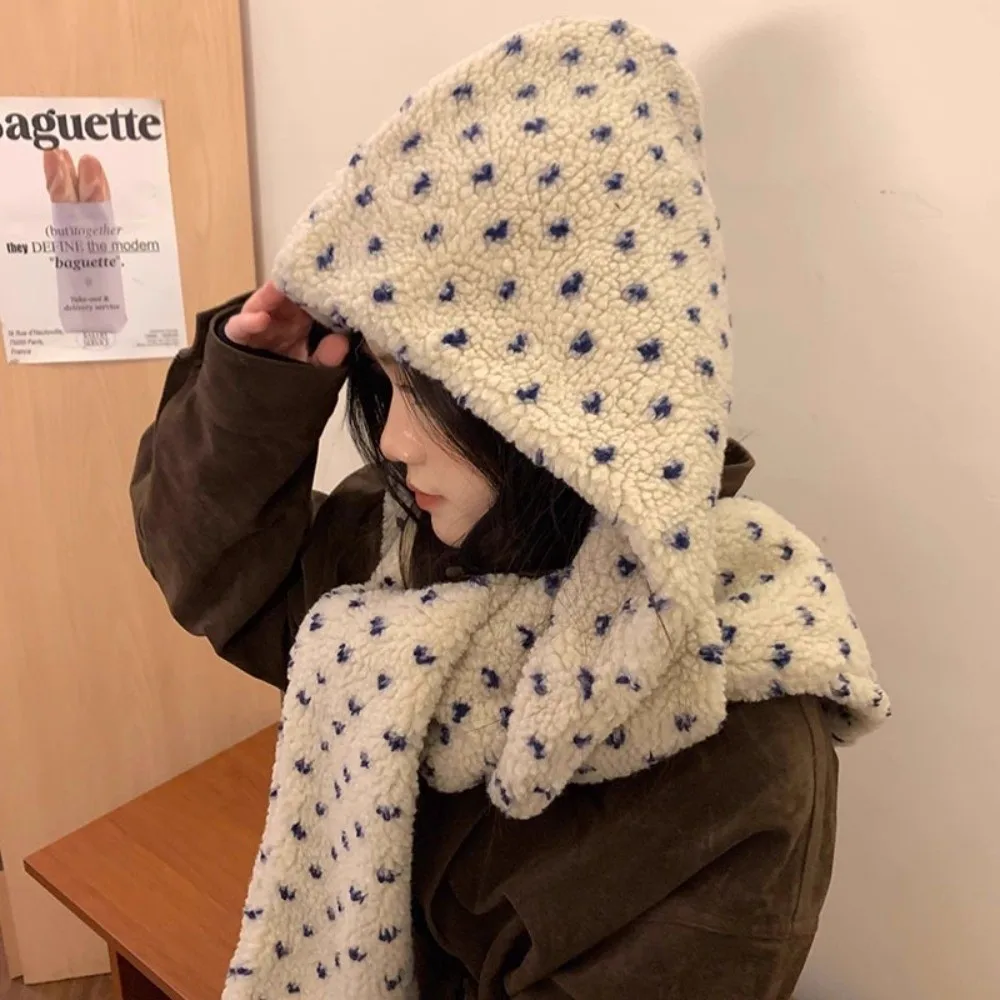 New Polka Dot Hooded Scarf Thickened Ear Protection Balaclava Pullover Hat Windproof Winter Hat