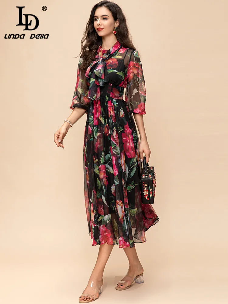 Imagem -05 - Linda Della-midi Vestido com Estampa Floral para Mulheres Vestido Midi Estilo Vintage com Gravata Borboleta e Manga Lanterna Melhor para Festa Férias de Verão 2023 ld