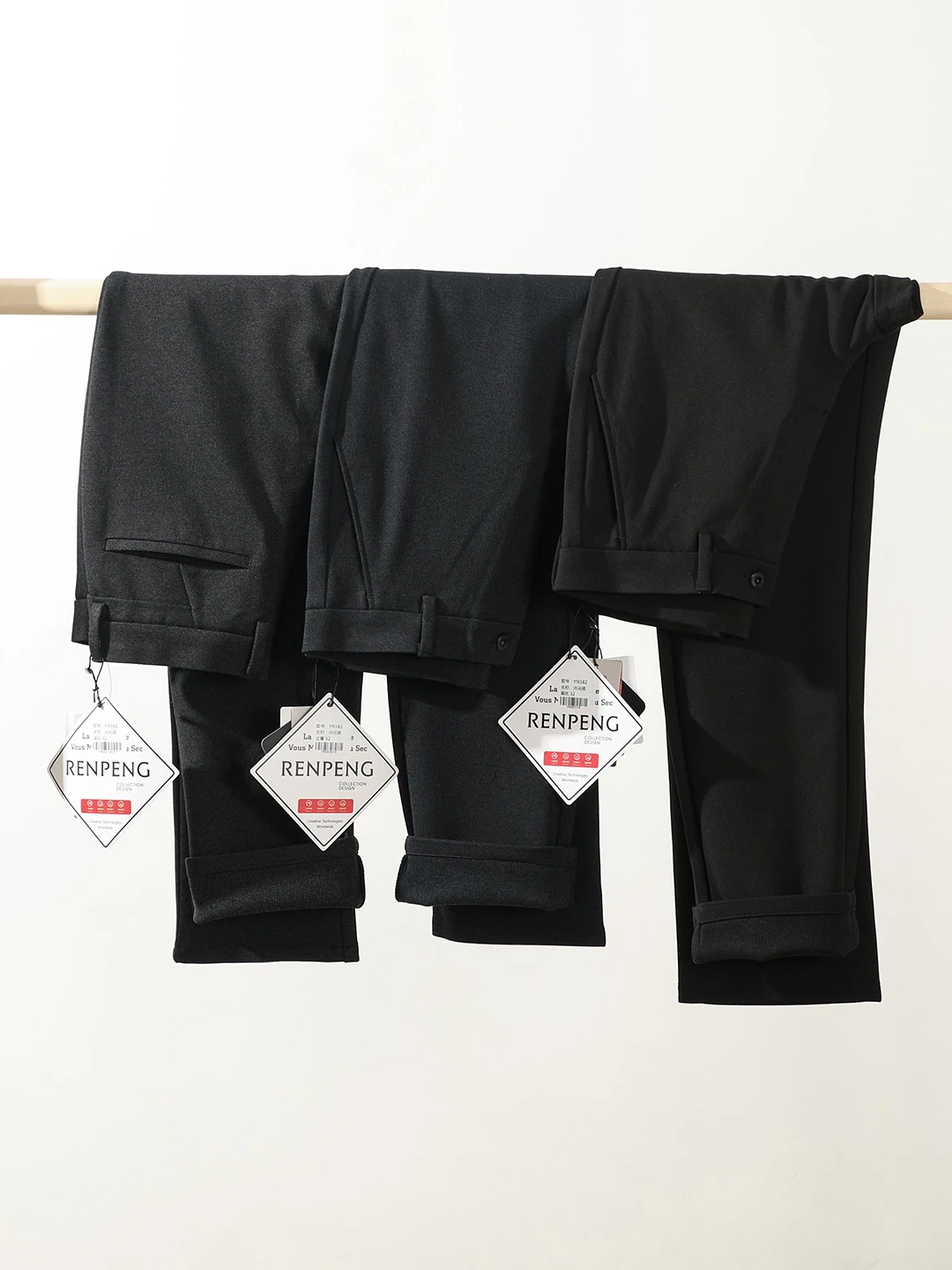 

Casual Business Straight Leg Pure Color Thickened Wool Blend Fleece Lined Men's Trousers Spring Autumn Black Loose Fit Long P...