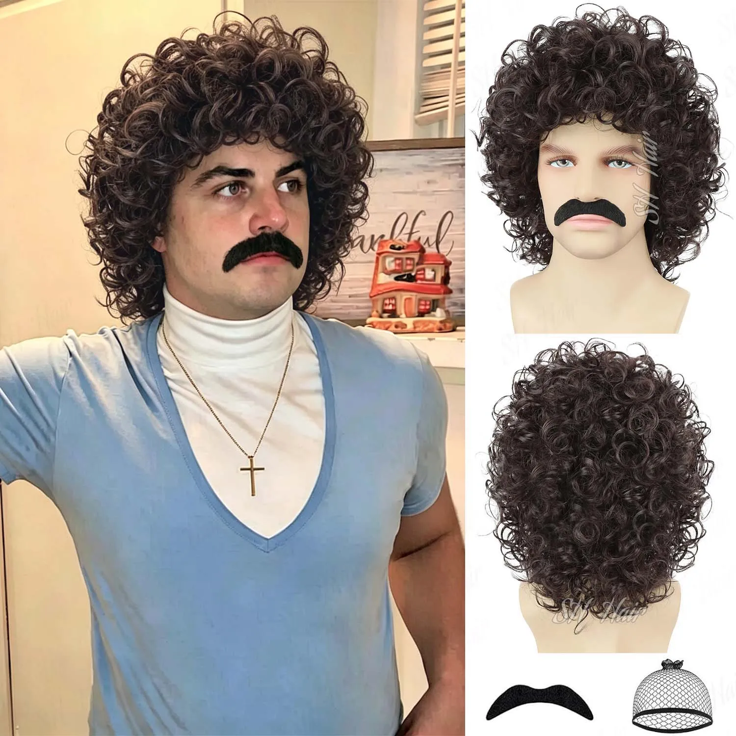 Synthetic 70s 80s Men's Short Black Brown Wig with Mustache Afro Curly Rocker Funny Wigs for Cosplay Halloween, Nacho Libre Wig