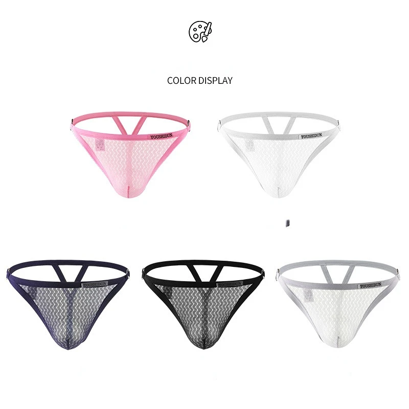 Men\'s high fork sexual interest mesh solid color cutout see-through cool and breathable large bag iron ring decoration thong gay