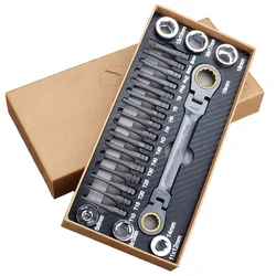 23pcs Multifunctional Ratchet Spanner Set Flexible Head  Double Box Wrench Socket Screwdriver Bits Auto Repairing Tool