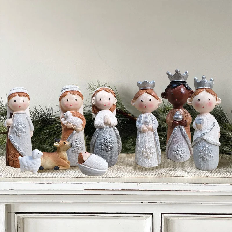 Cute White Snowflake Resin Christmas Nativity Set Holy Family Baby Jesus Angel Camel Deer Sheep Figures Desktop Religious Christ