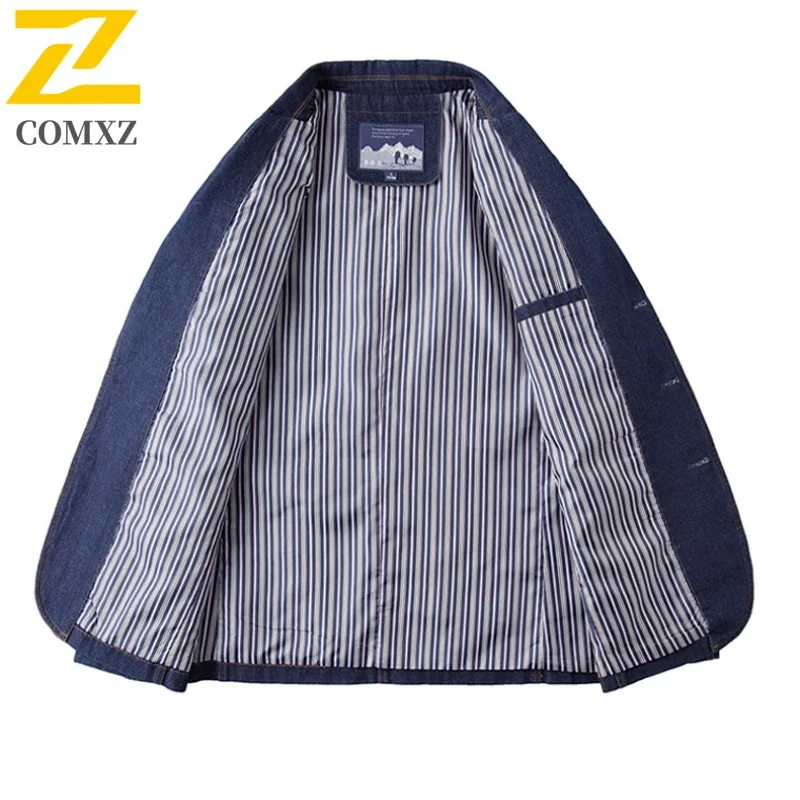 2025 Autumn  Vintage Denim Jacket Men's High Quality Luxury Cotton Blue V-neck Small Suit Coats Casual Business Loose Denim Coat