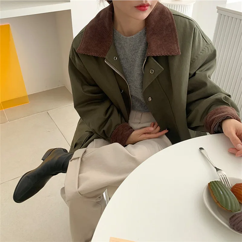 2024 Autumn Winter Jacket Women New Fashion Short Green Jacket Solid Color Casual Coat