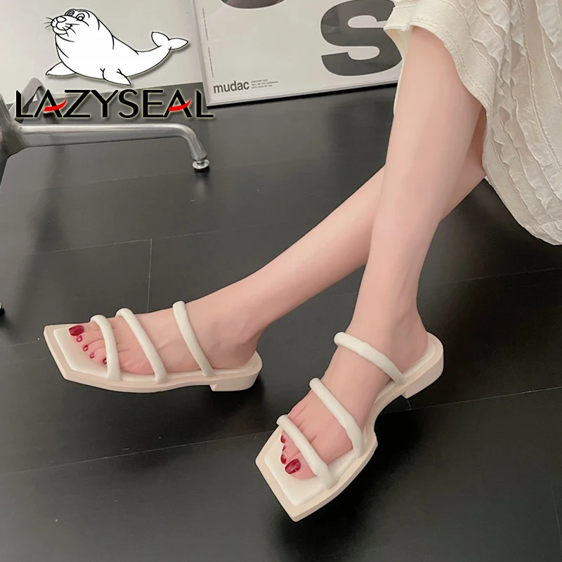 LazySeal Minimalist Strap Design Slide Sandals Square Toe Slip On Slippers 2.5cm Low Heel Leisure Slides Candy Color Wome Sandal