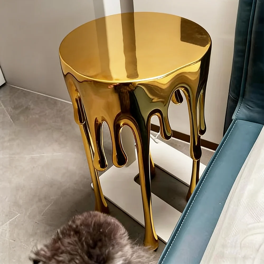 Nordic Liquid Gold Coffee Side Table Modern Art Design Dripping Metal Coffee Desk Minimalist Creative Bedroom Nightstand