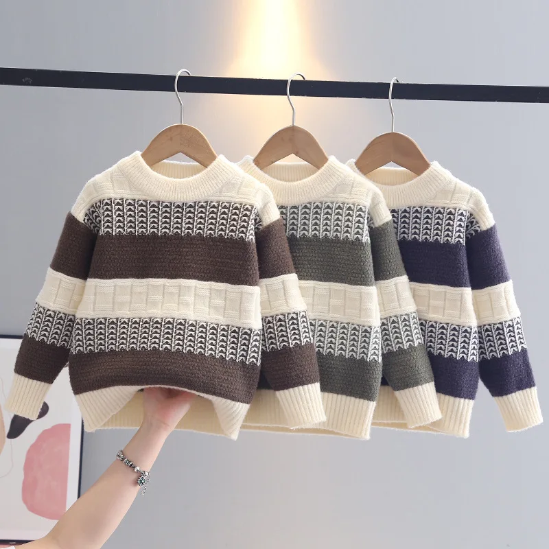 

Шерстяные свитера для мальчиков, вязаные крючком, хлопковая ветровка, 2022, ослепительные теплые утепленные пуловеры на осень-зиму, клетчатая детская одежда IY08092