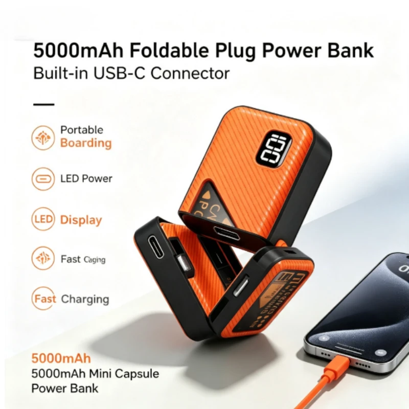 Mini Portable Power Bank 5000mAh PD20W Fast Charger Built-in Cable Digital Display External Battery For IOS Android Smartphones