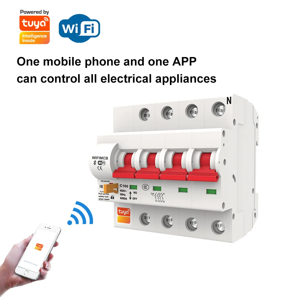 4P 100ATuya Smart Life  Din Rail WIFI Circuit Breaker Switch,MCB Recloser Overload Short Circuit Protection Alexa Remote Control