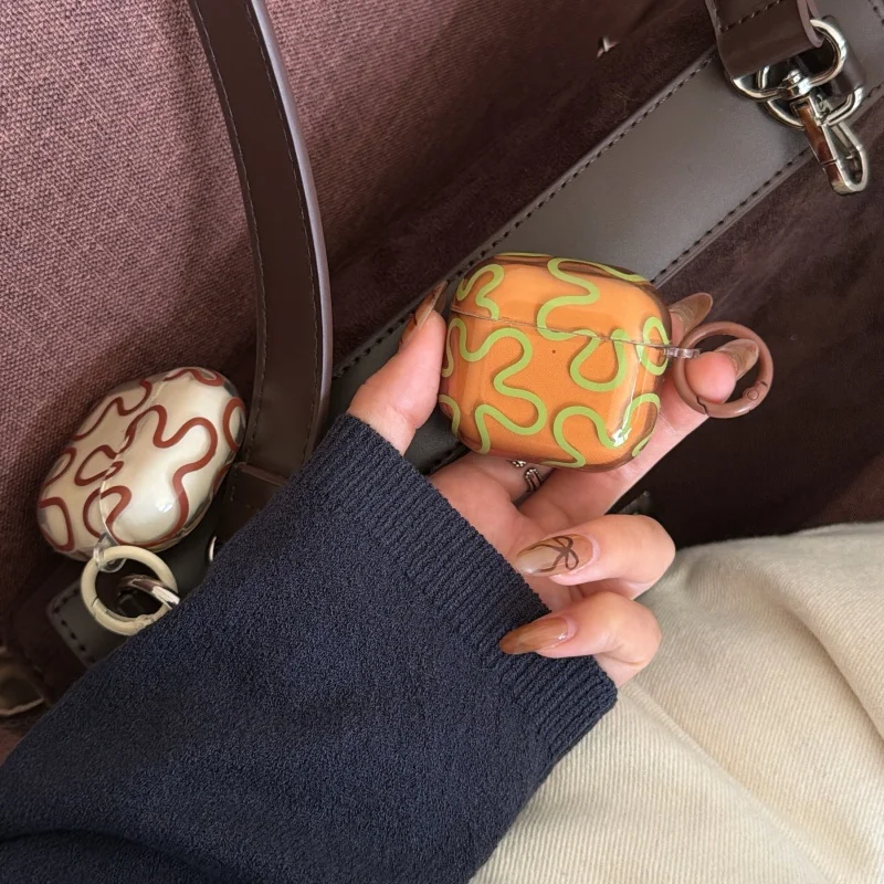 IMD Brown-Green Strips Pattern Earphone Case with Ring for Airpods 1, Airpods 2, Pro, Pro2, Pro3, Airpods 3, Airpods 4