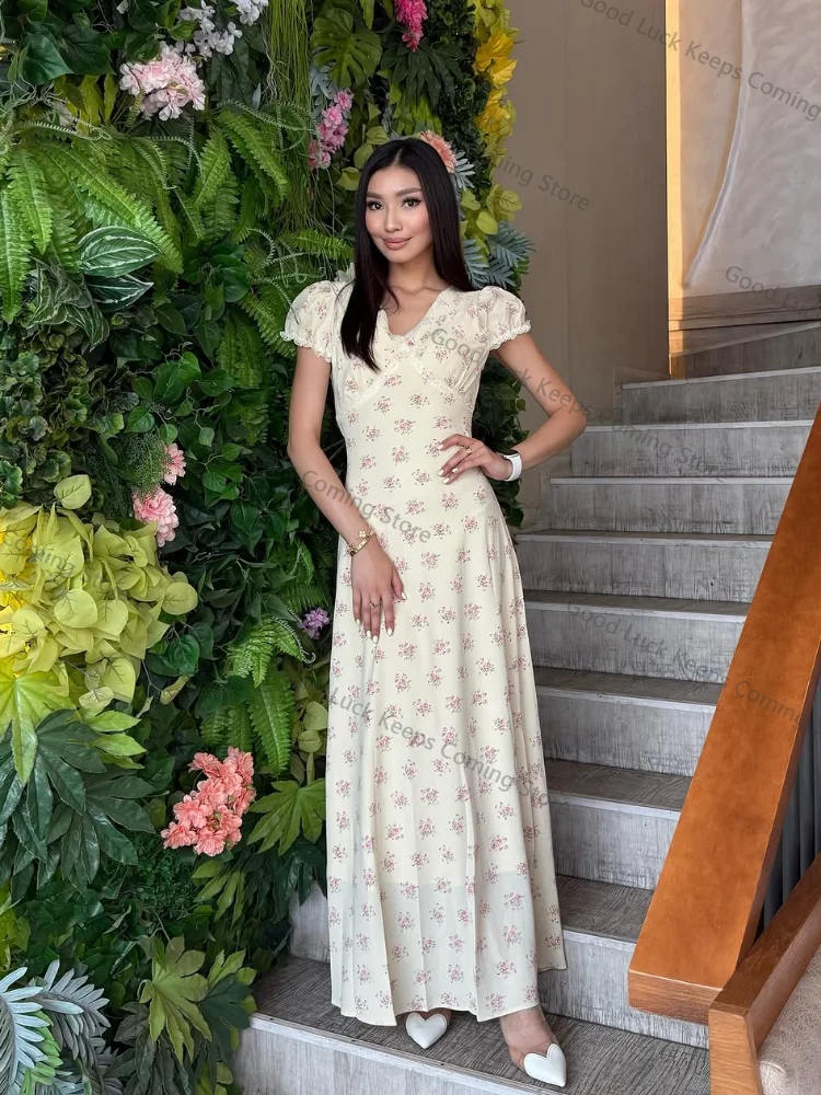 Vestido longo feminino com estampa floral, manga bufante, elegante, decote em v, cintura alta, linha a, slim, férias, viagem, retrô, diário, verão