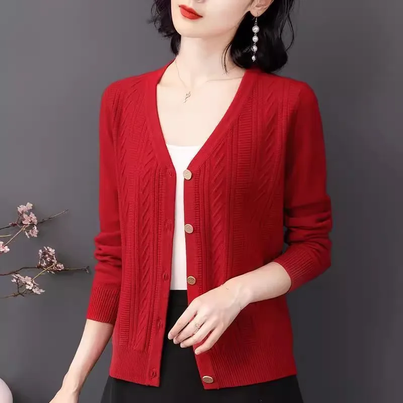 

Casual Fashion Solid Color Button Thin Knitted Cardigan Women V-Neck Sweater Coat Autumn New Loose ladies Knitwear Tops G2859