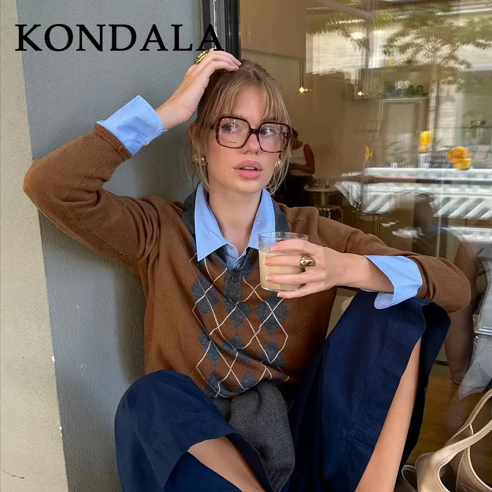 콘달라 2025 가을 겨울 빈티지 체크 여성 폴로 셔츠 패션 우아한 니트 풀오버 브라운 여성 시크 셔츠