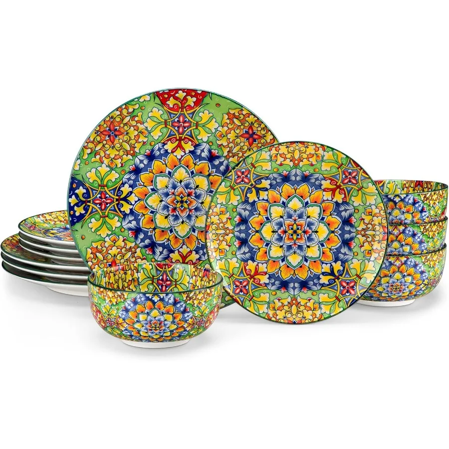 12 Pieces Green Porcelain Dinnerware Set for 4 with Bowls and Plates Microwave and Dishwasher Safe Scratch Resistant Bohemian S