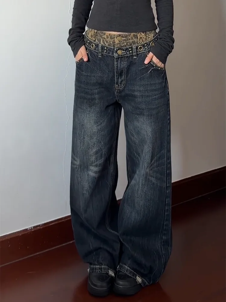 

plus Size Vintage Leopard Print Patchwork High Waist Wide Leg Jeans Women's Design Slimming Straight Long Pants Casual Style