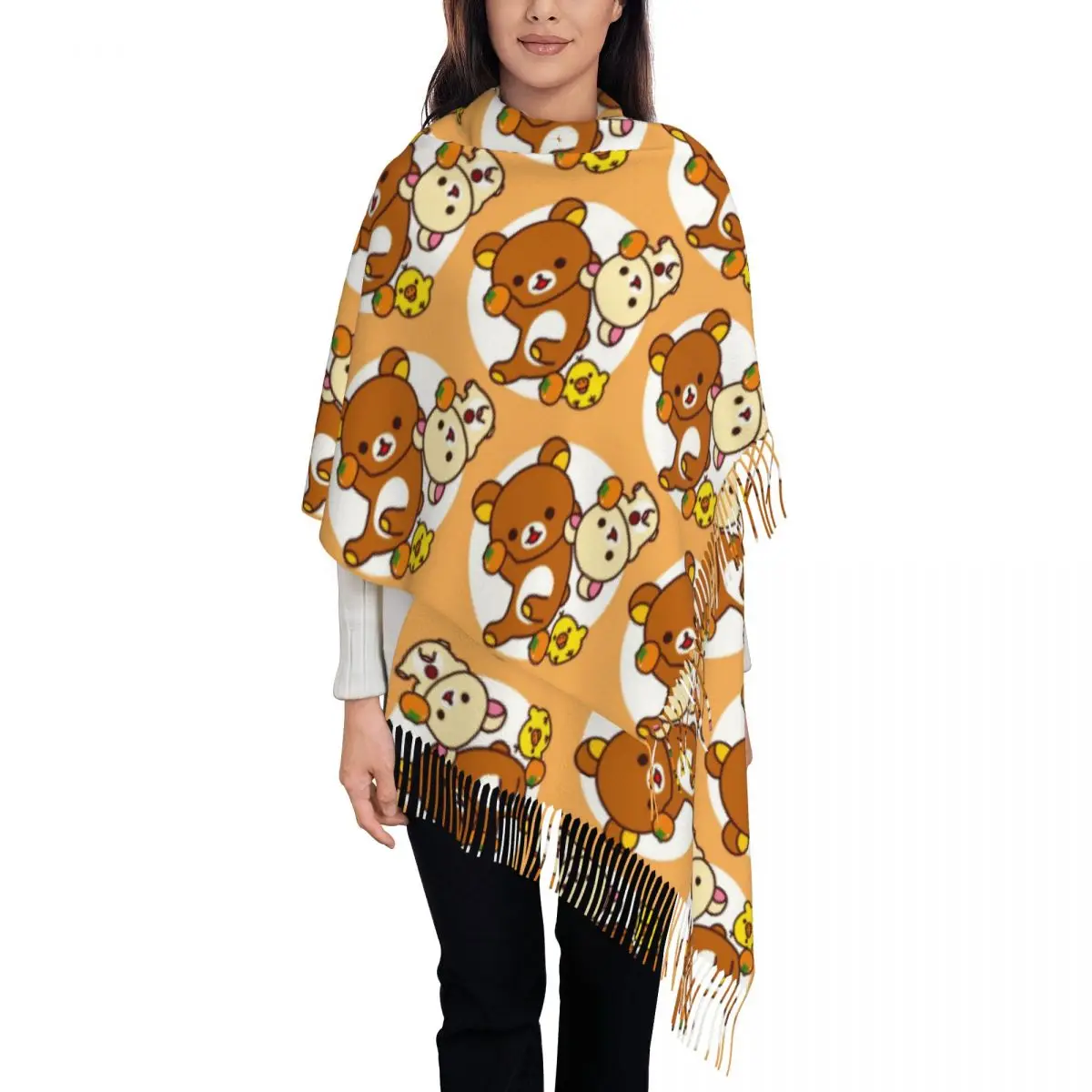 

Женский шарф с кисточками из мультфильма Rilakkuma на заказ, мягкие шали, женские зимние шарфы