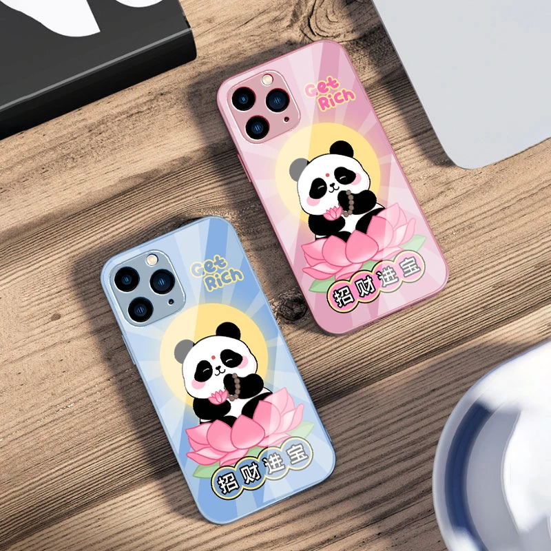 นั่งLotus PandaสําหรับIPhone 16 Pro Max 15 Pro 14 13 12 Mini 11 XS Max XR 7 8 Plu SE 2022 กระจกนิรภัยเคสโทรศัพท์