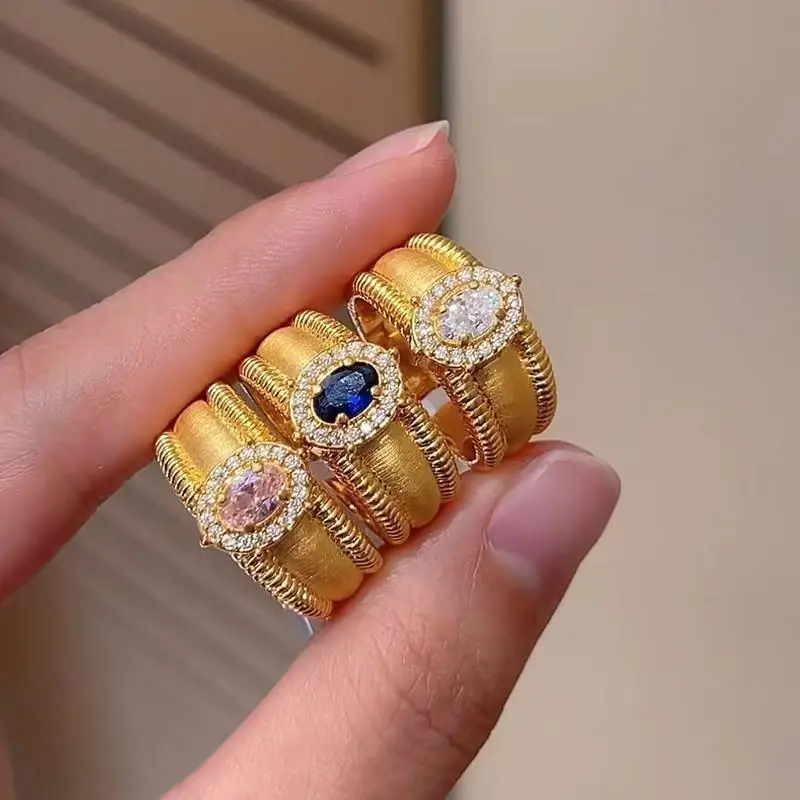 Ice Flower Cut Red Corundum for Women Brushed Heavy Craft High-end Vintage Color Diamond Wide Gold Ring