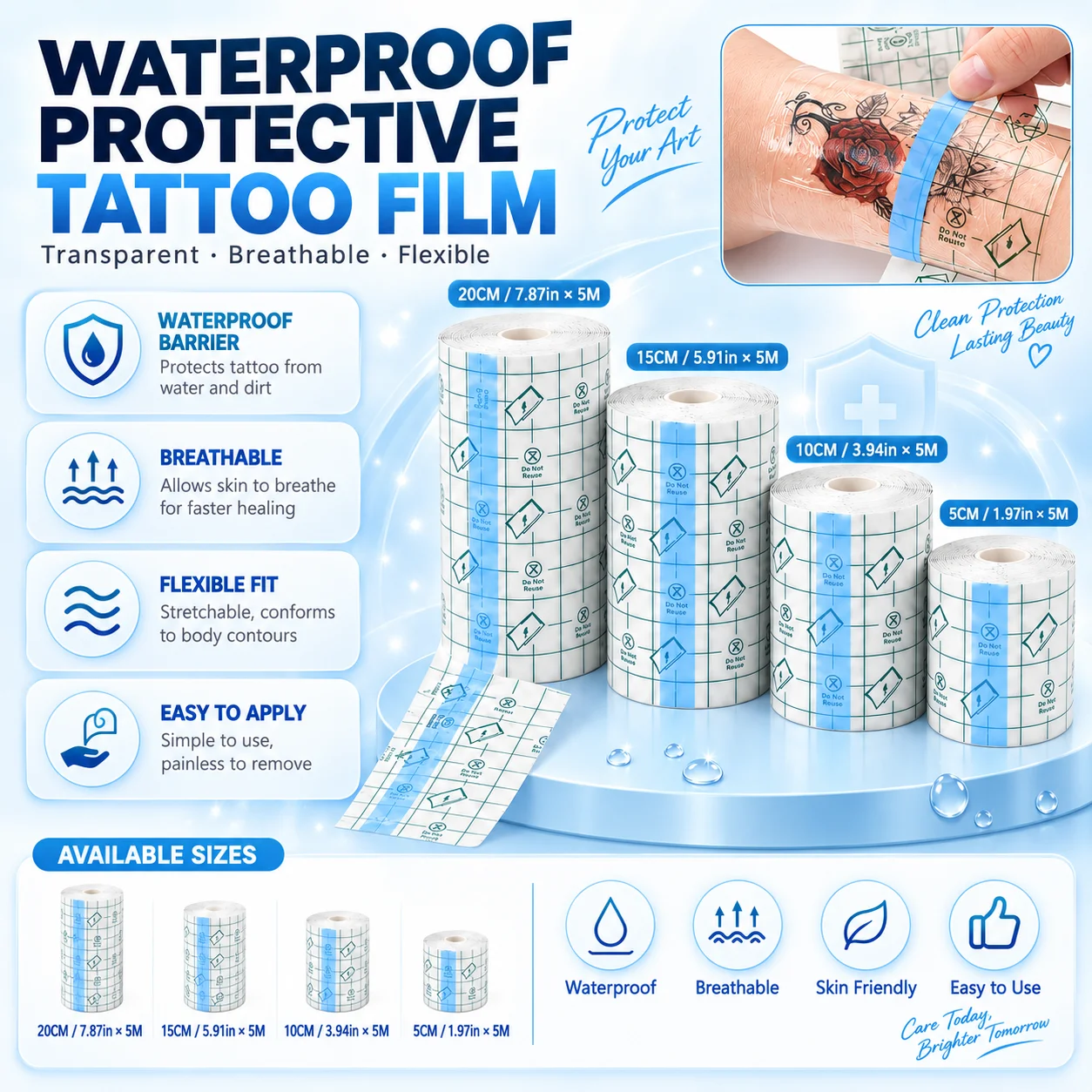 Waterproof Tattoo Aftercare Film Roll 5M Transparent Protective Bandage Breathable Stretchable Tattoo Healing Wrap