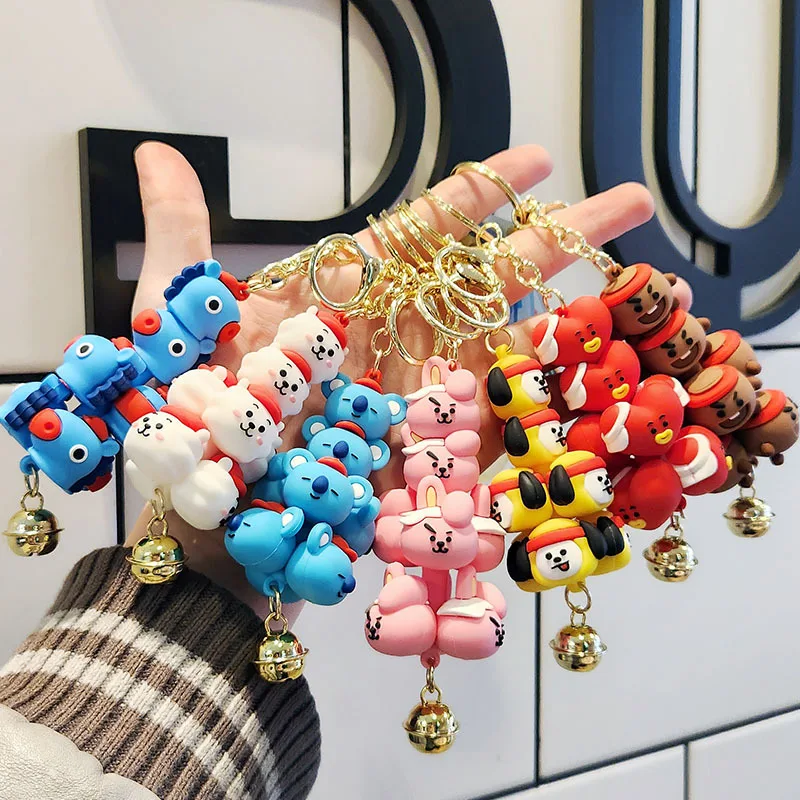 7Pcs/set Kawaii Bt21 Jenga Bell Keychain Cute Cartoon Tata Silicone Doll Pendant Girl Bag Boy Backpack Accessories Holiday Gift