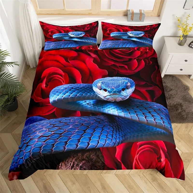 Snake Duvet Cover Red Rose Floral Bedding Set Microfiber Romantic Theme Flowers Comforter Cover Single King Queen For Kids Adult