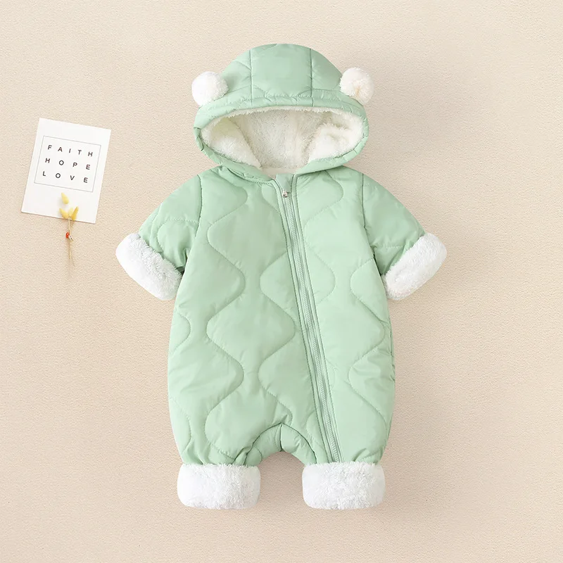 2026 Autumn Winter Girls Boys Bodysuit Solid Color Lamb Dleece Lining Thick Warm Hooded Zipper Jumpsuits For Infant Romper 6M-3Y