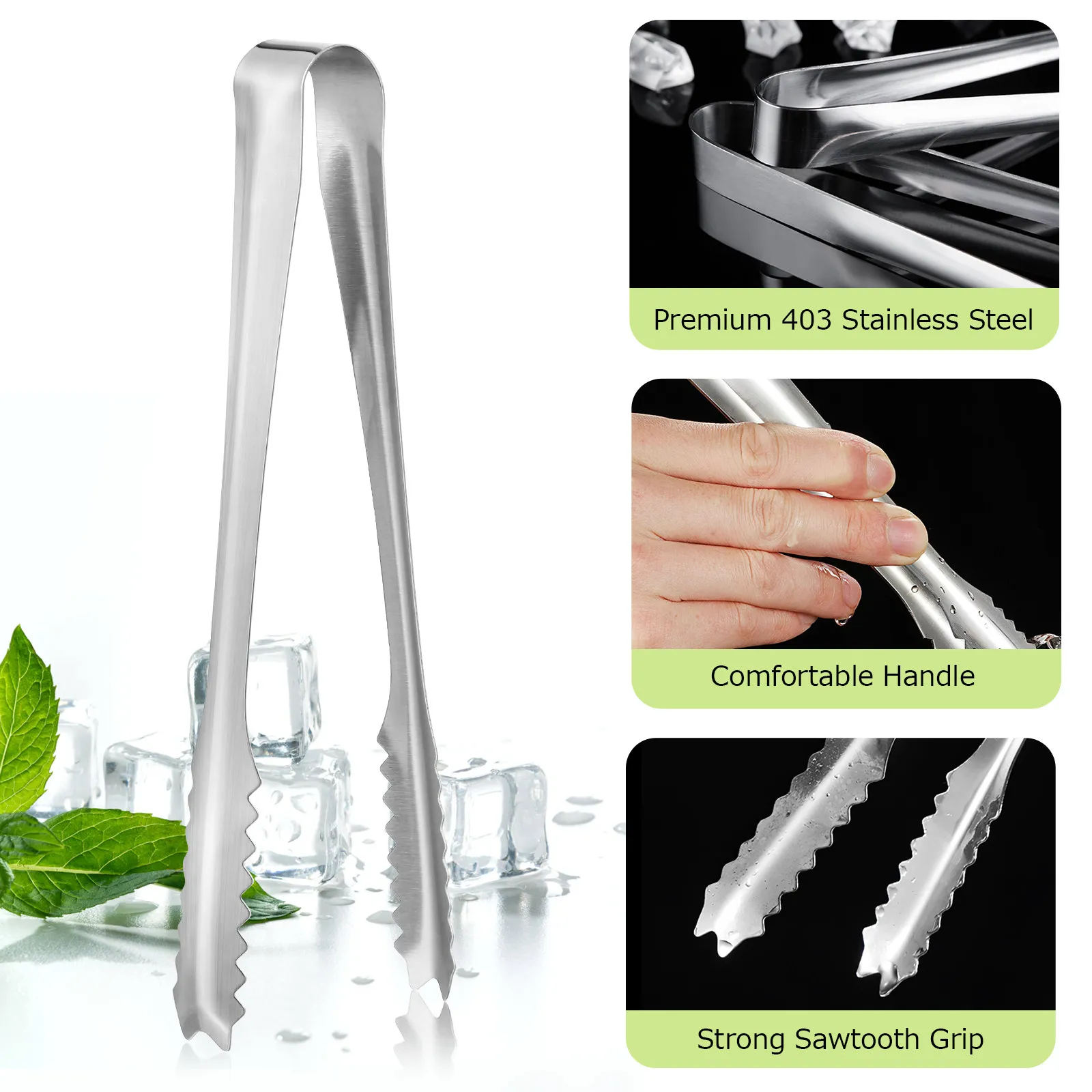 Stainless Steel Ice Cube Tongs Rust Resistant Hard Firm Serving Tong U Shaped Design Textured Tips Multifunctional Kitchen Bar
